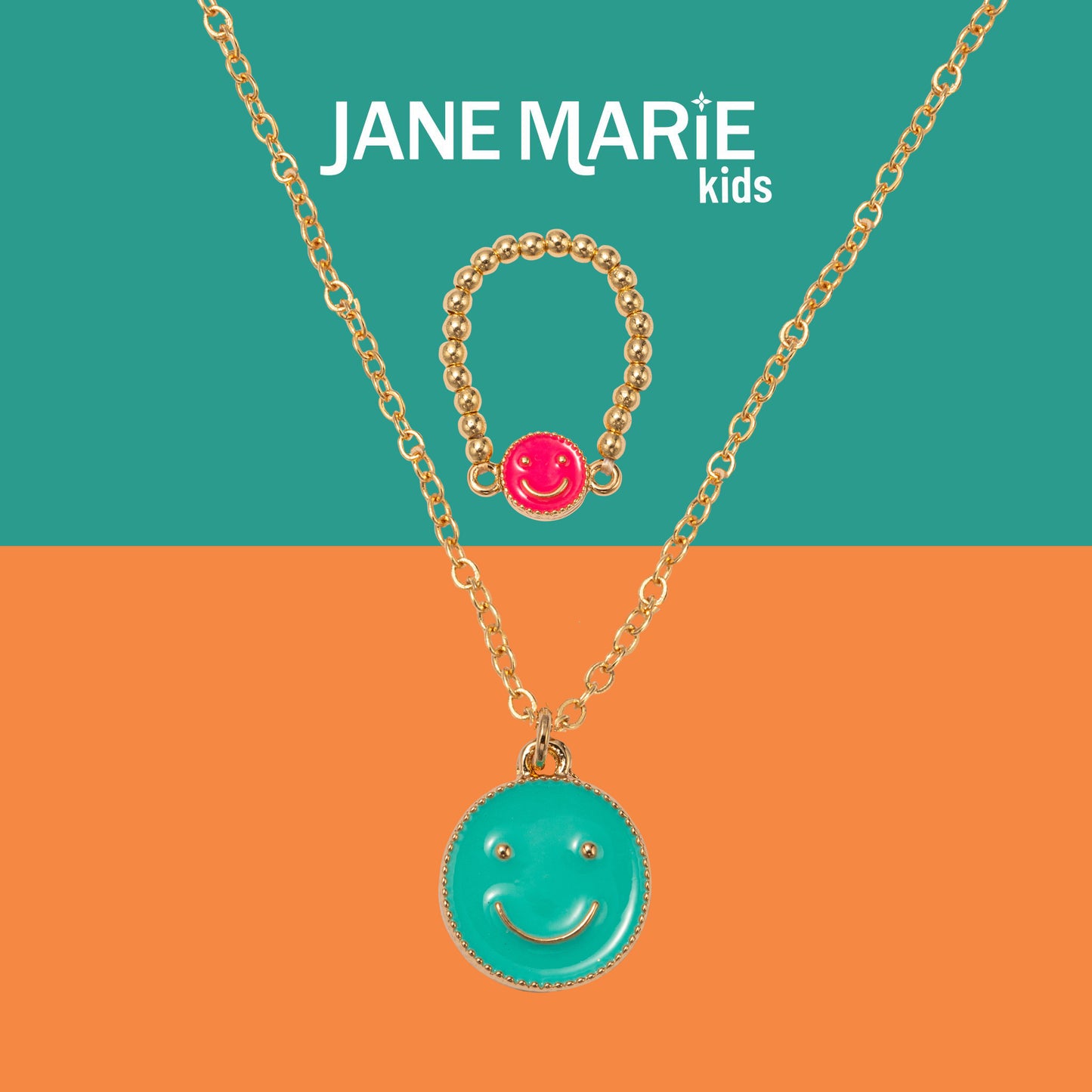 Kids 14" Gold Chain Necklace with Turquoise Enamel Smiley Pendant & Hot Pink Enamel Smiley Ring