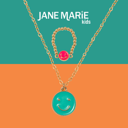 Kids 14" Gold Chain Necklace with Turquoise Enamel Smiley Pendant & Hot Pink Enamel Smiley Ring