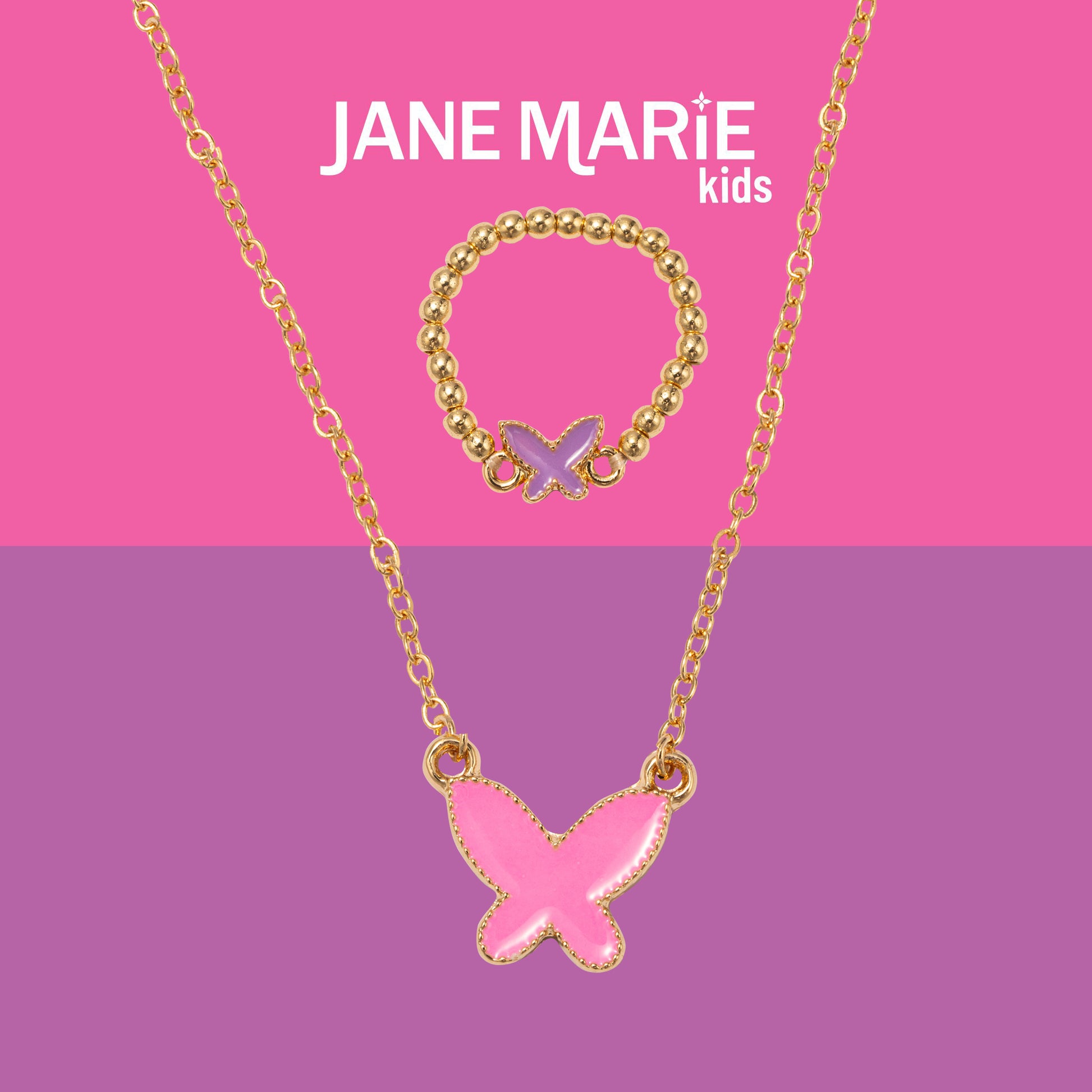 Kids 14" Gold Chain Necklace with Pink Enamel Butterfly Pendant & Purple Enamel Butterfly Ring