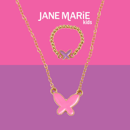 Kids 14" Gold Chain Necklace with Pink Enamel Butterfly Pendant & Purple Enamel Butterfly Ring