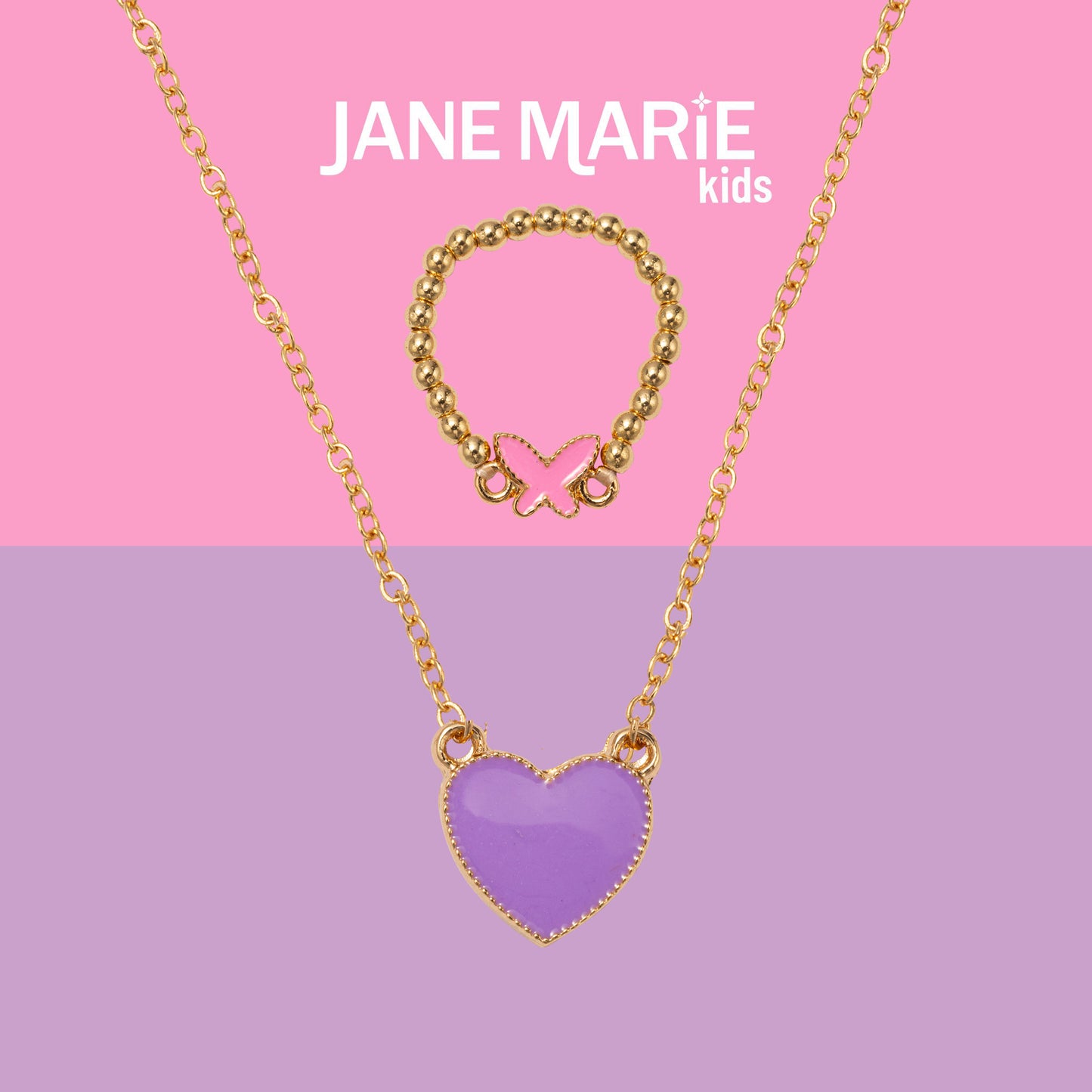 Kids 14" Gold Chain Necklace with Purple Enamel Heart Pendant & Pink Enamel Butterfly Ring