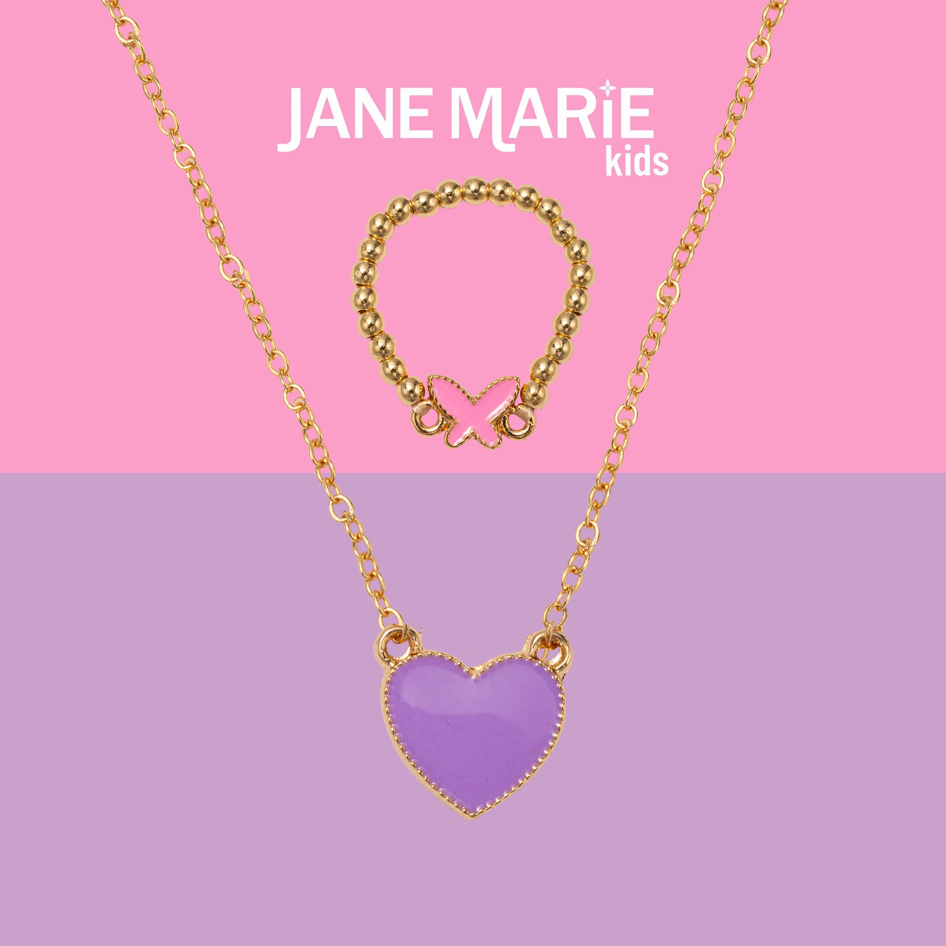 Kids 14" Gold Chain Necklace with Purple Enamel Heart Pendant & Pink Enamel Butterfly Ring