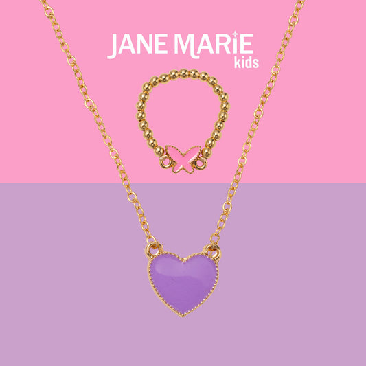 Kids 14" Gold Chain Necklace with Purple Enamel Heart Pendant & Pink Enamel Butterfly Ring