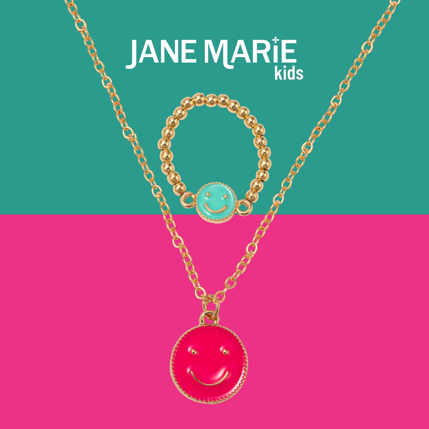 Kids 14" Gold Chain Necklace with Hot Pink Enamel Smiley Pendant & Turquoise Enamel Smiley Ring