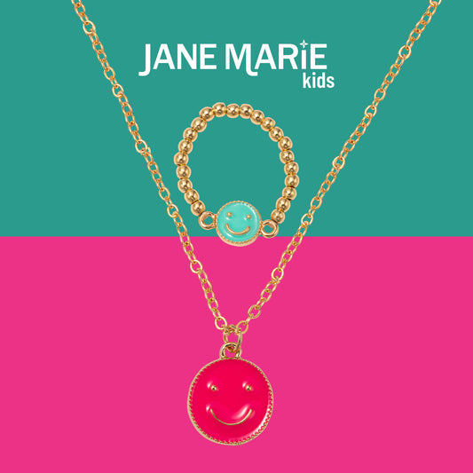 Kids 14" Gold Chain Necklace with Hot Pink Enamel Smiley Pendant & Turquoise Enamel Smiley Ring