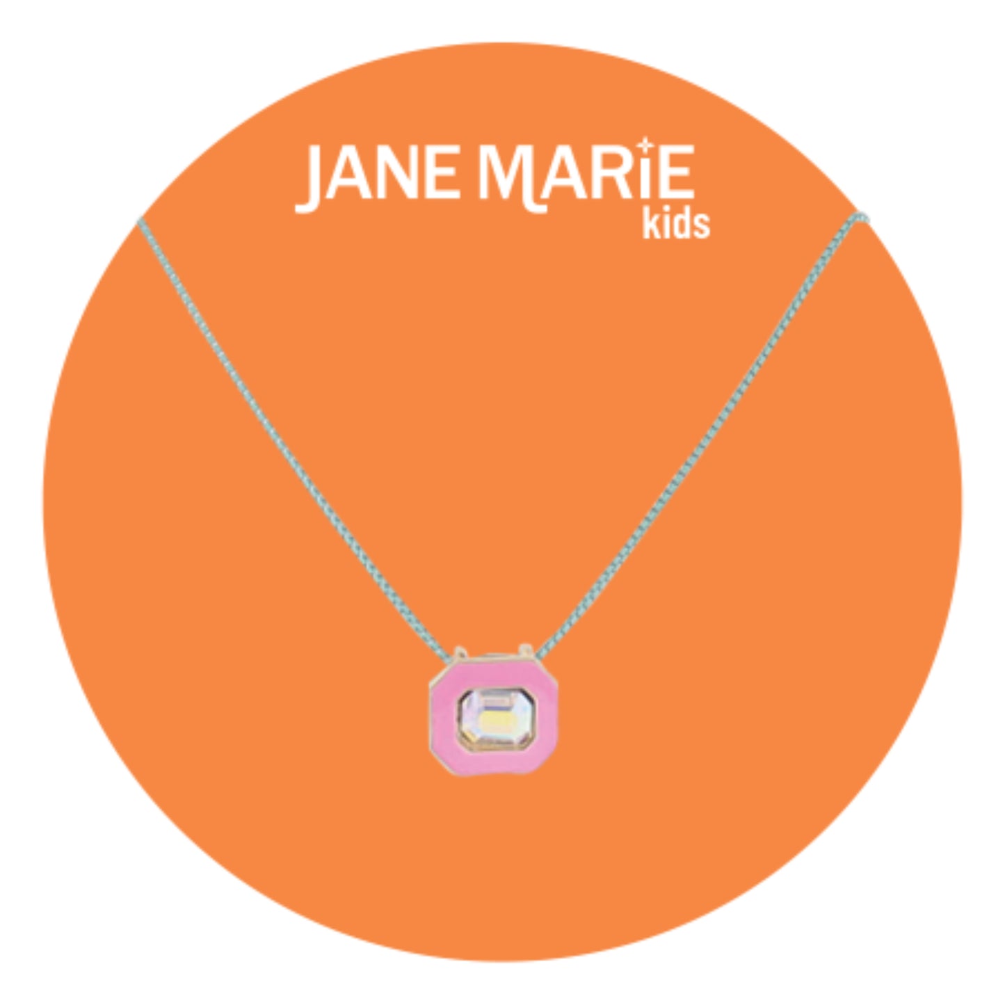 Kids 14" Mint Chain Necklace with Pink Enamel & AB Crystal Rectangle