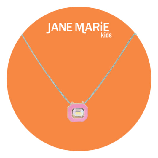 Kids 14" Mint Chain Necklace with Pink Enamel & AB Crystal Rectangle