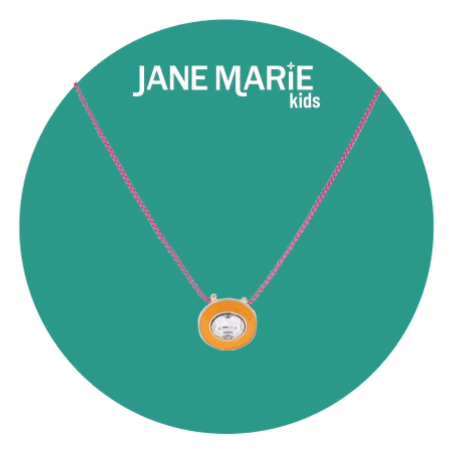 Kids 14" Hot Pink Chain Necklace with Orange Enamel & Clear Crystal Oval