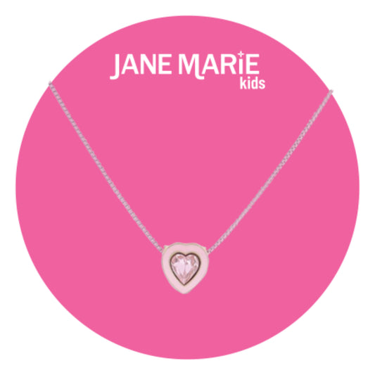 Kids 14" Light Pink Chain Necklace with Light Pink Enamel & Pink Crystal Heart