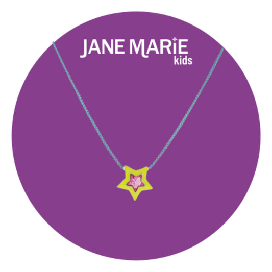 Kids 14" Teal Chain Necklace with Yellow Enamel & Hot Pink Crystal Star