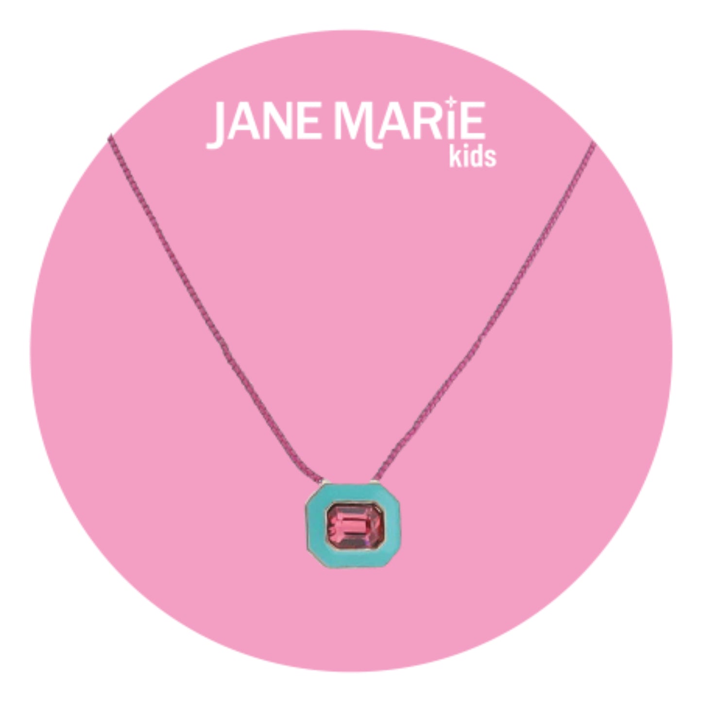 Kids 14" Hot Pink Chain Necklace with Turquoise Enamel & Hot Pink Crystal Rectangle