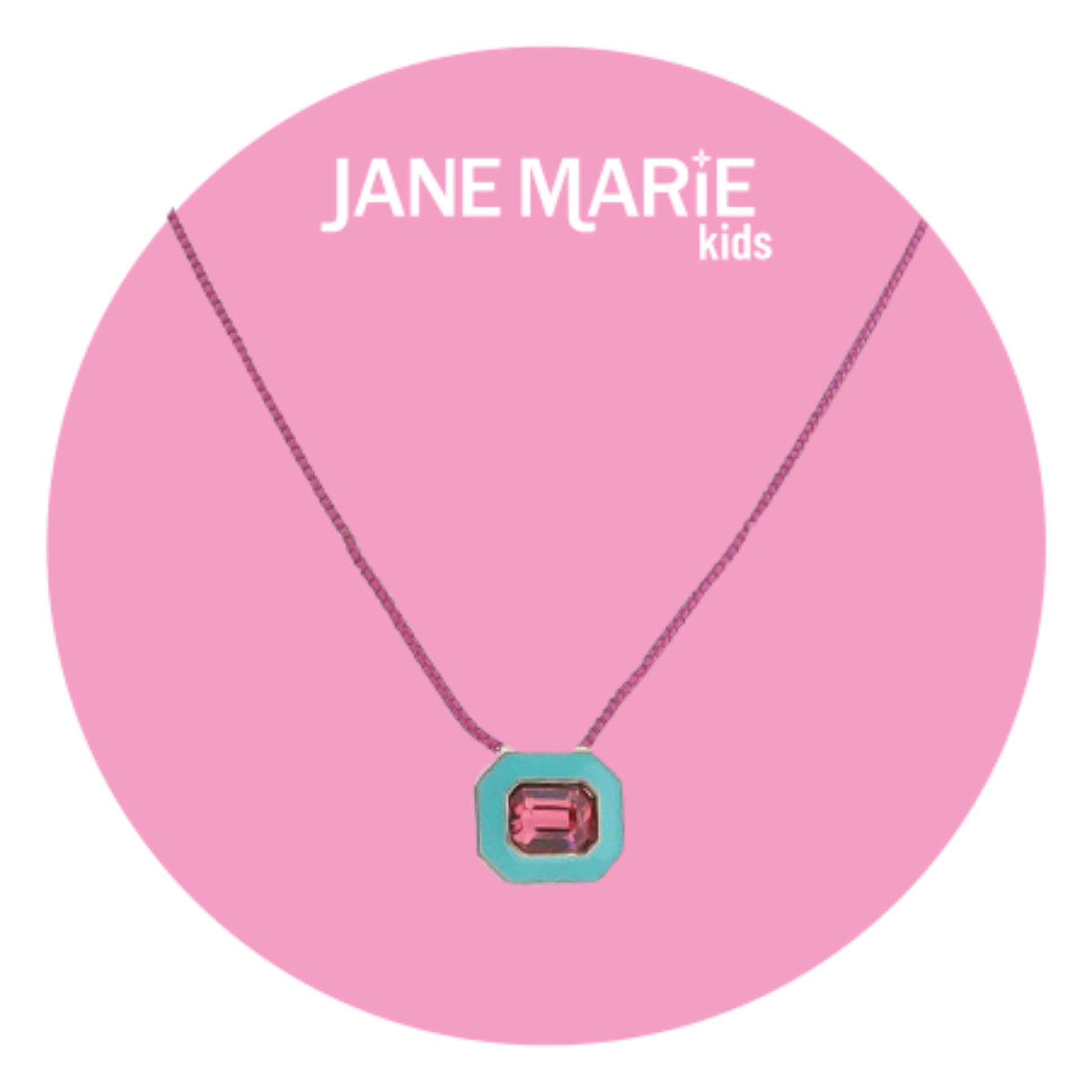 Kids 14" Hot Pink Chain Necklace with Turquoise Enamel & Hot Pink Crystal Rectangle