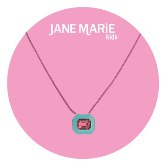Kids 14" Hot Pink Chain Necklace with Turquoise Enamel & Hot Pink Crystal Rectangle
