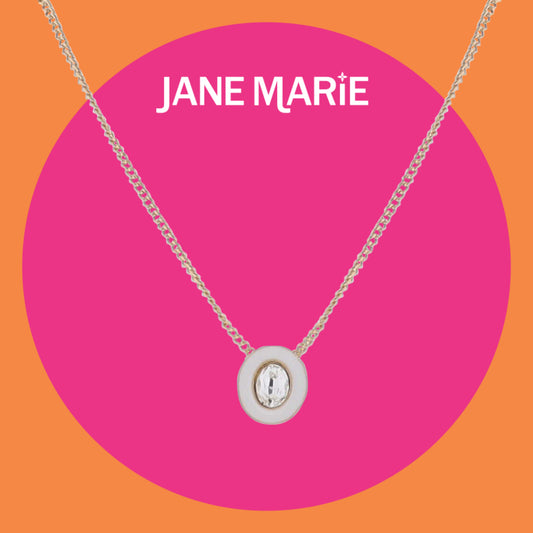 16" Gold Flat Top Chain Necklace with White Enamel Circle & Clear Crystal Circle Pendant