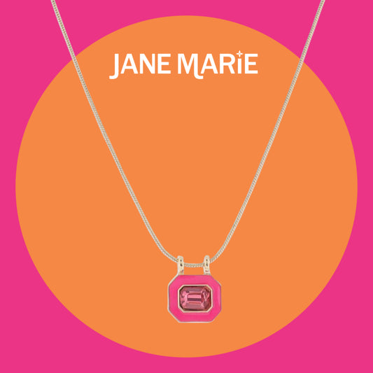 16" Gold Snake Chain Necklace with Hot Pink Enamel Rectangle & Pink Crystal Rectangle Pendant