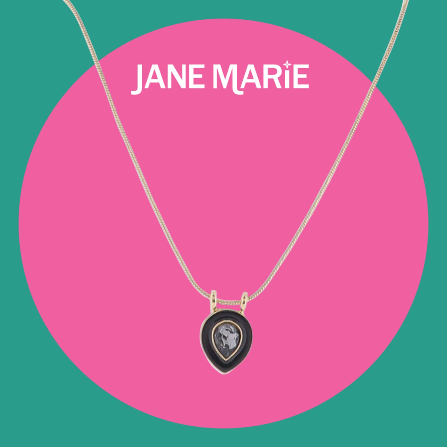 16" Gold Snake Chain Necklace with Black Enamel Teardrop & Black Diamond Crystal Teardrop Pendant