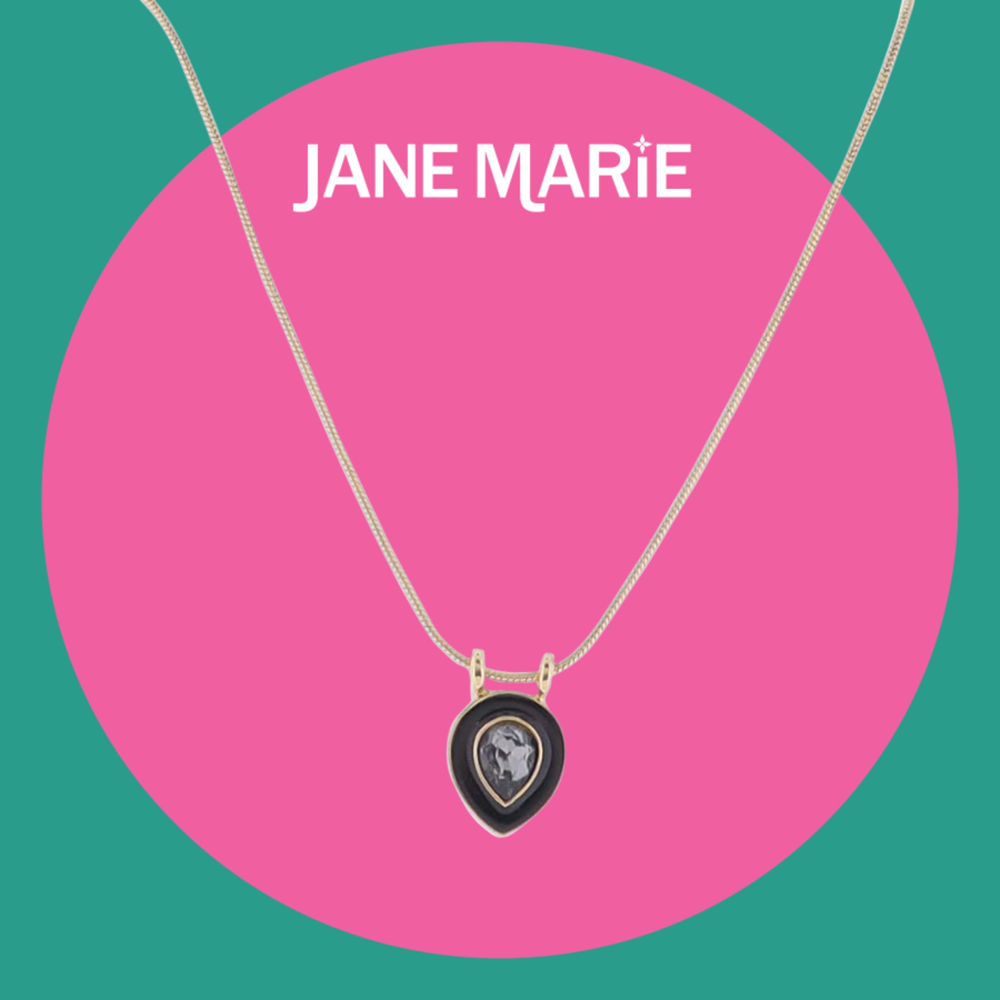 16" Gold Snake Chain Necklace with Black Enamel Teardrop & Black Diamond Crystal Teardrop Pendant