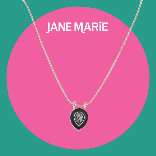 16" Gold Snake Chain Necklace with Black Enamel Teardrop & Black Diamond Crystal Teardrop Pendant