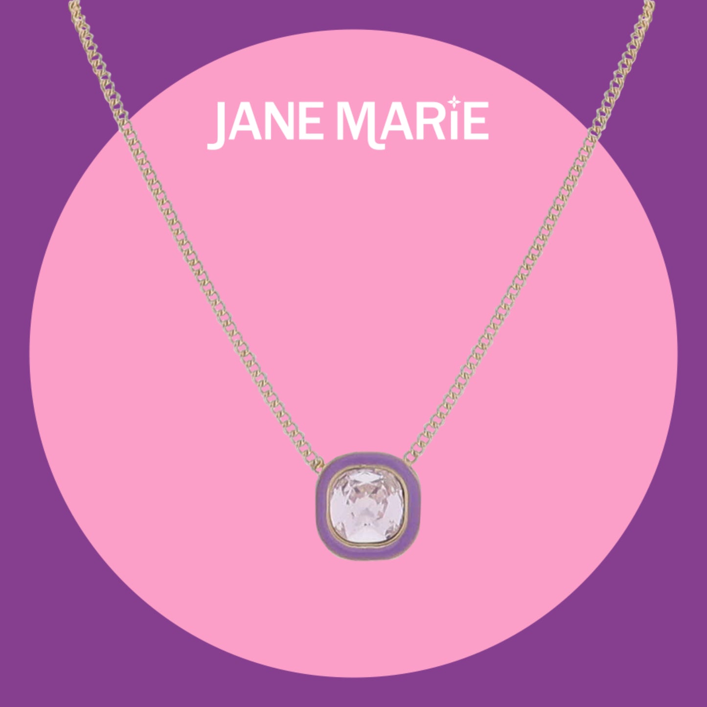 16" Gold Flat Top Chain Necklace with Purple Enamel Square & Light Pink Crystal Square Pendant