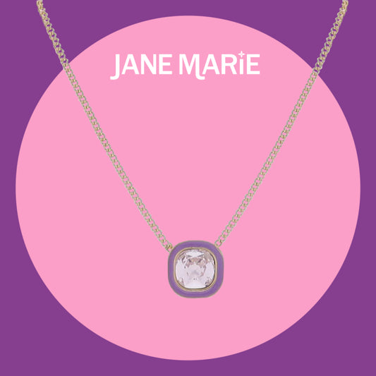 16" Gold Flat Top Chain Necklace with Purple Enamel Square & Light Pink Crystal Square Pendant