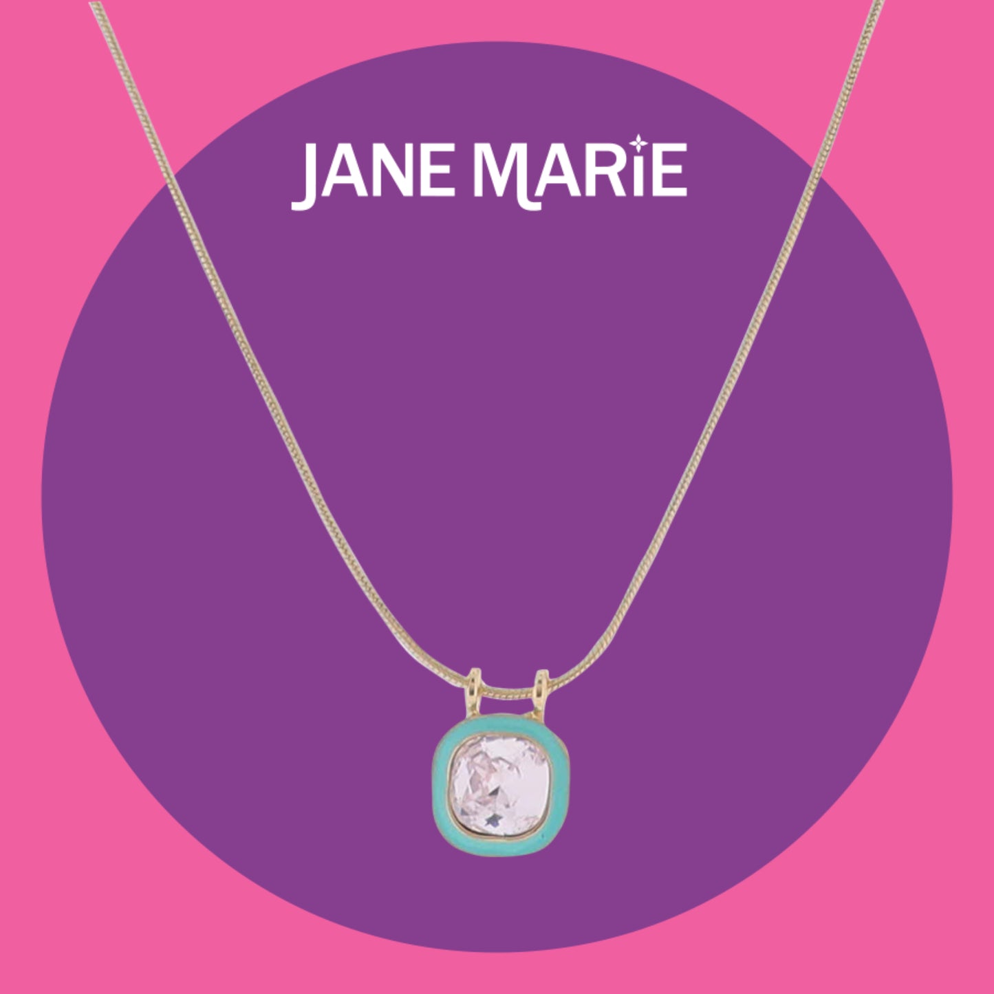 16" Gold Snake Chain Necklace with Turquoise Enamel Square & Clear Crystal Square Pendant