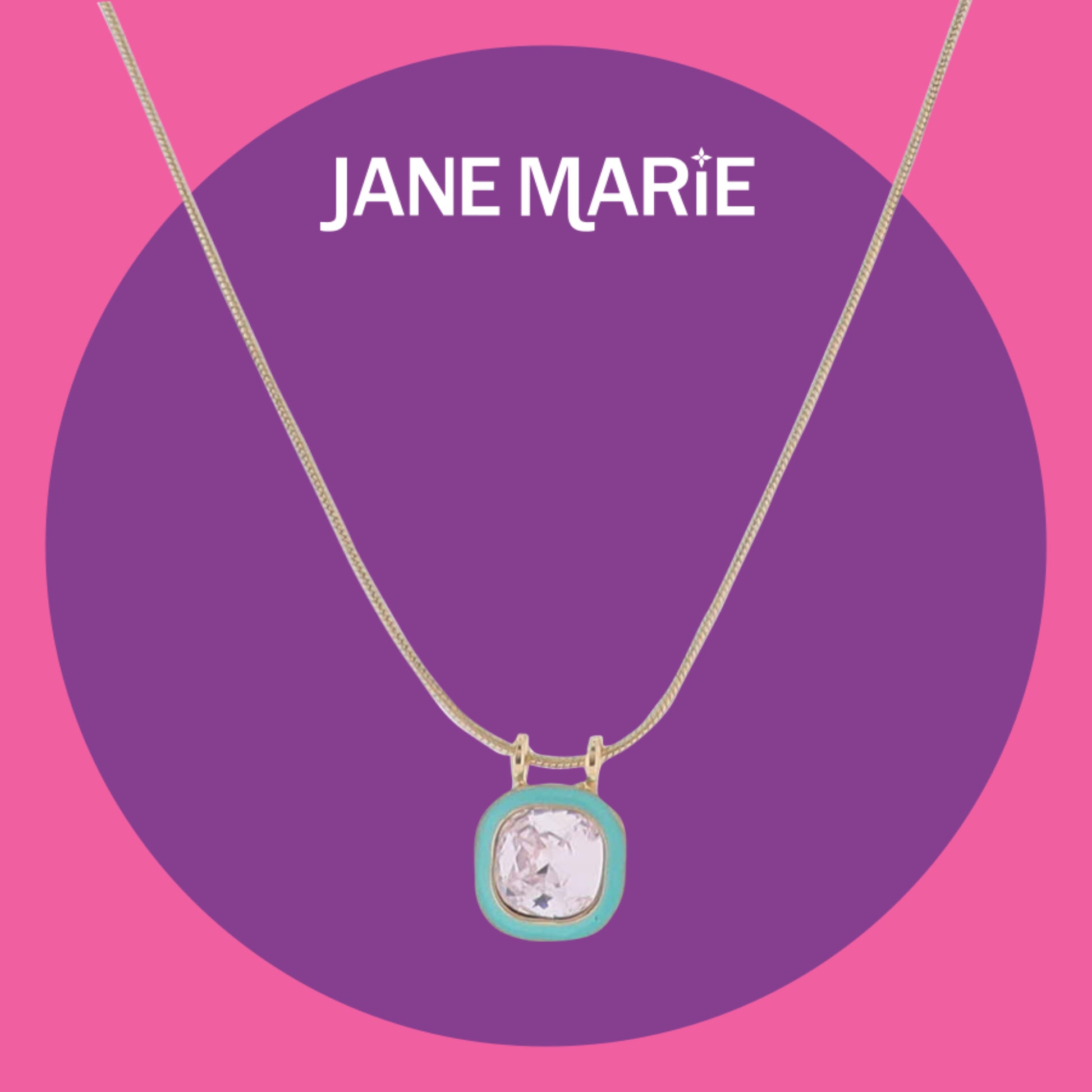 16" Gold Snake Chain Necklace with Turquoise Enamel Square & Clear Crystal Square Pendant