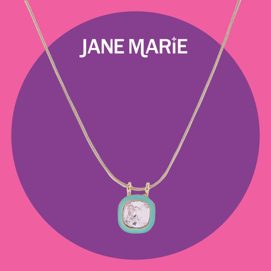 16" Gold Snake Chain Necklace with Turquoise Enamel Square & Clear Crystal Square Pendant