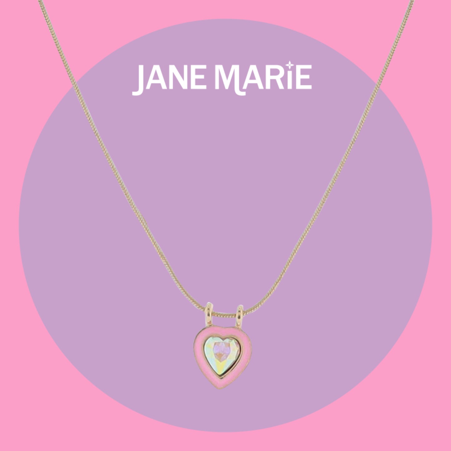 16" Gold Snake Chain Necklace with Pink Enamel Heart & AB Crystal Heart Pendant