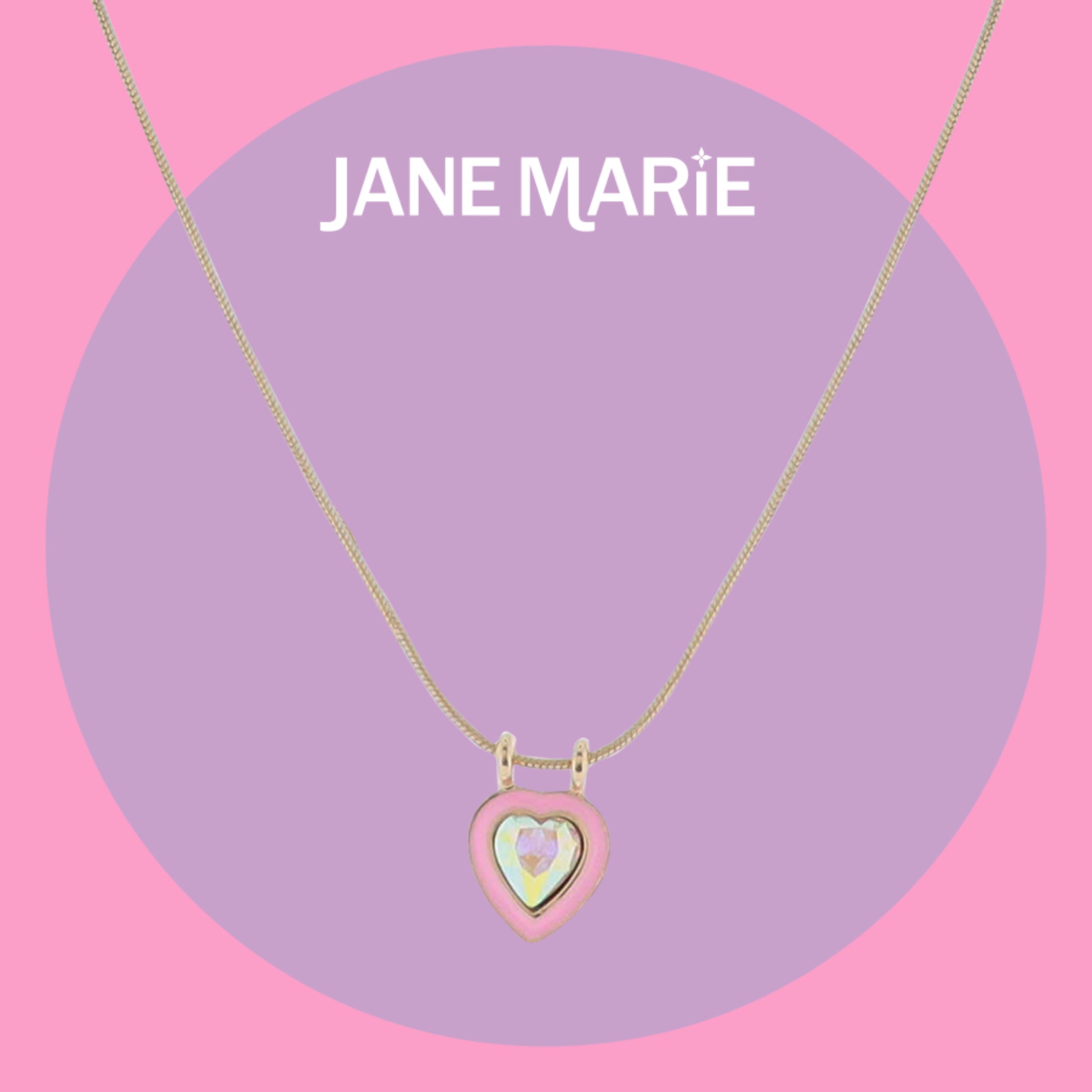 16" Gold Snake Chain Necklace with Pink Enamel Heart & AB Crystal Heart Pendant