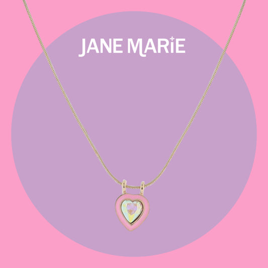 16" Gold Snake Chain Necklace with Pink Enamel Heart & AB Crystal Heart Pendant