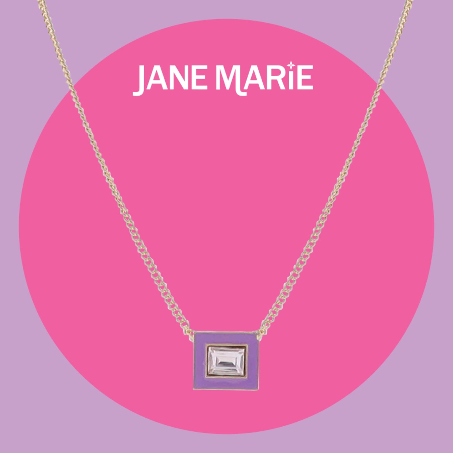 16" Gold Flat Top Chain Necklace with White Enamel Square & Hot Pink Crystal Square Pendant