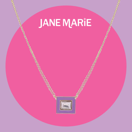16" Gold Flat Top Chain Necklace with White Enamel Square & Hot Pink Crystal Square Pendant
