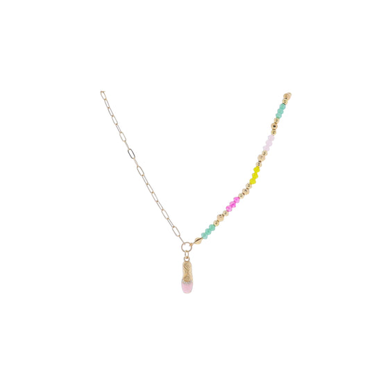 Kids 14" Turqoise, Hot Pink, Yellow, Gold Beaded Necklace with Pink Ballet Slipper Pendant