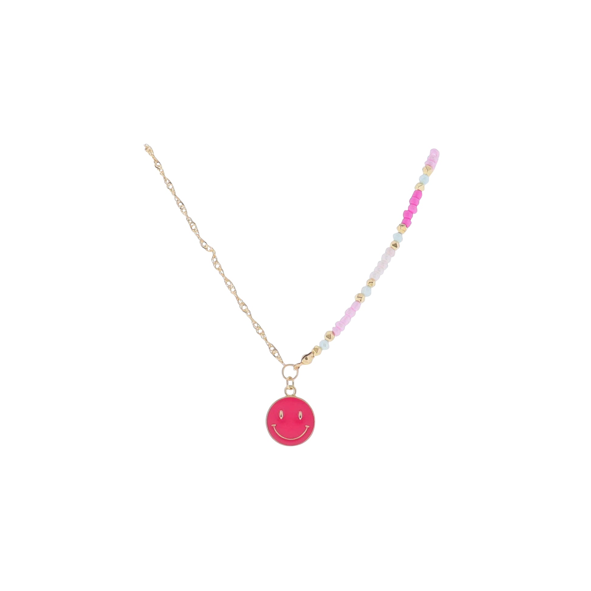 Kids 14" Light Pink, Hot Pink, Pink Beaded Necklace with Hot Pink Smiley Pendant
