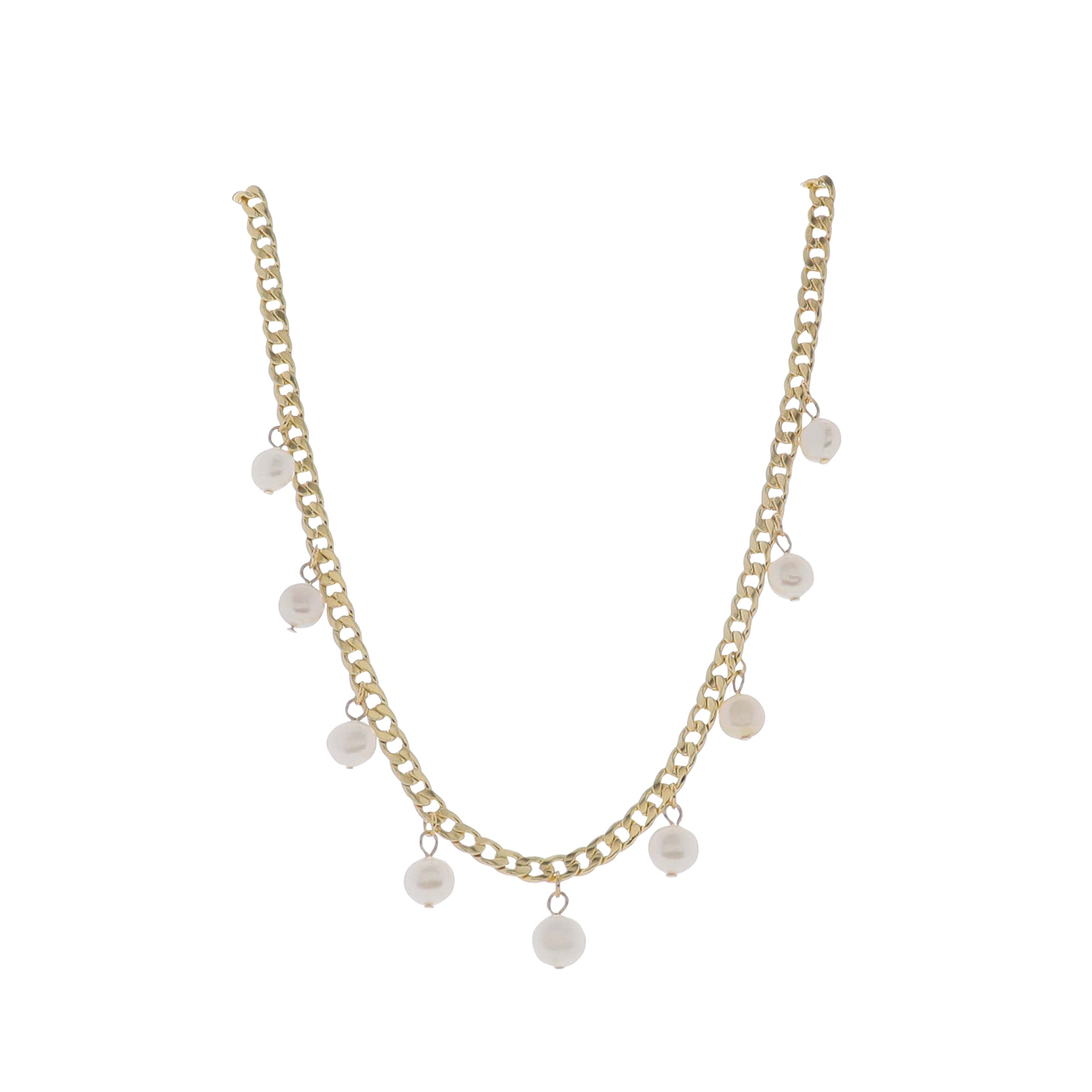 18"-24" Gold Curb Chain Necklace with White Pearls Stations