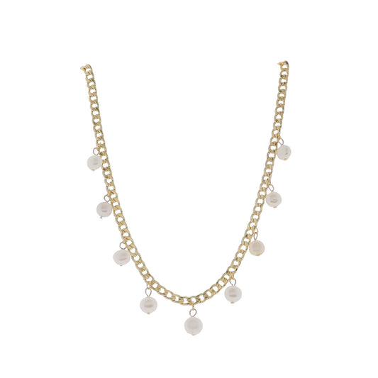 18"-24" Gold Curb Chain Necklace with White Pearls Stations