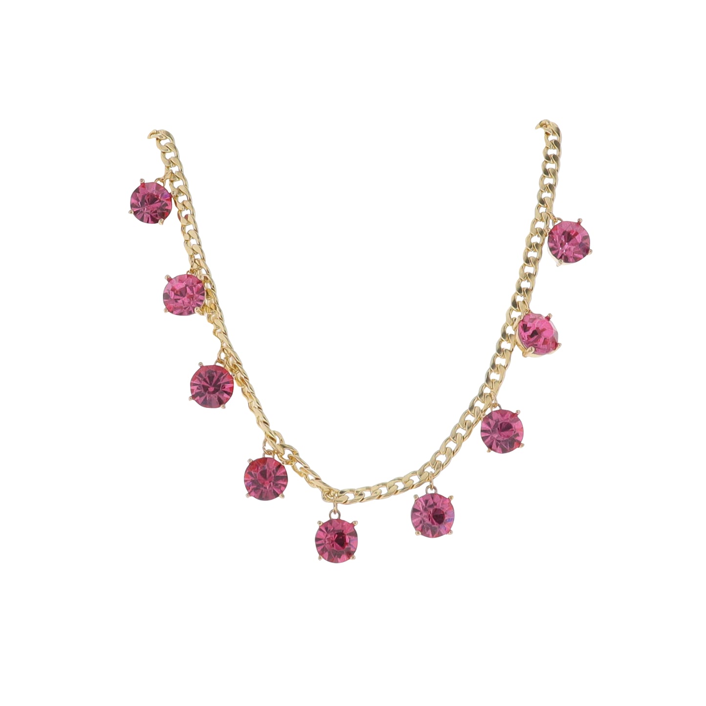 18"-24" Gold Curb Chain Necklace with Pink Crystals Stations