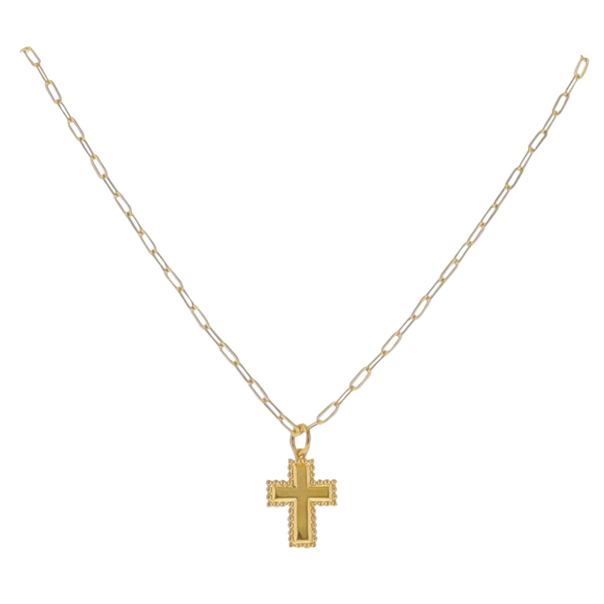 18K Gold Plated Paperclip Chain Necklace with Ball Outlined Cross