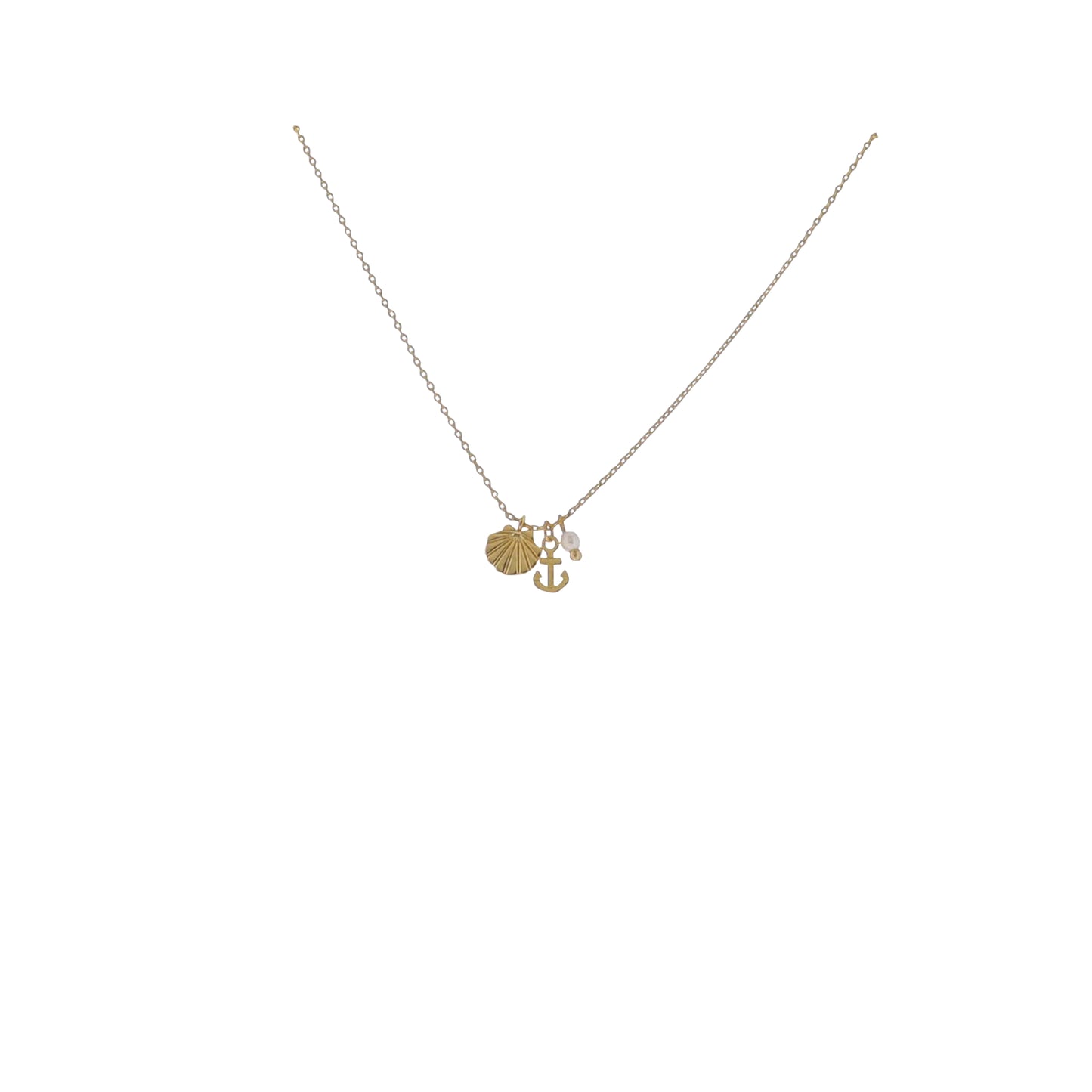 17" 18K Gold Plated Paperclip Chain Necklace with Shell, Anchor, Pearl