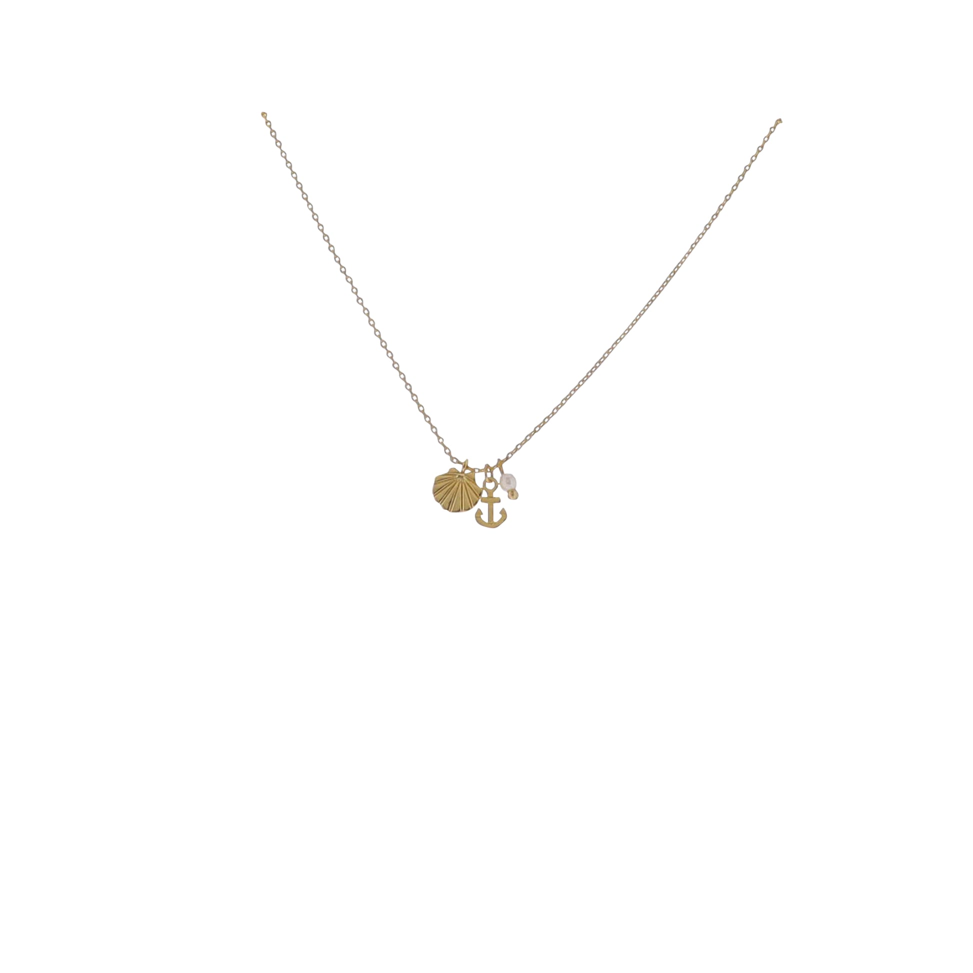 17" 18K Gold Plated Paperclip Chain Necklace with Shell, Anchor, Pearl