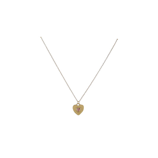 17" 18K Gold Plated Paperclip Chain Necklace with Pink Crystal Heart on Gold Heart Pendant