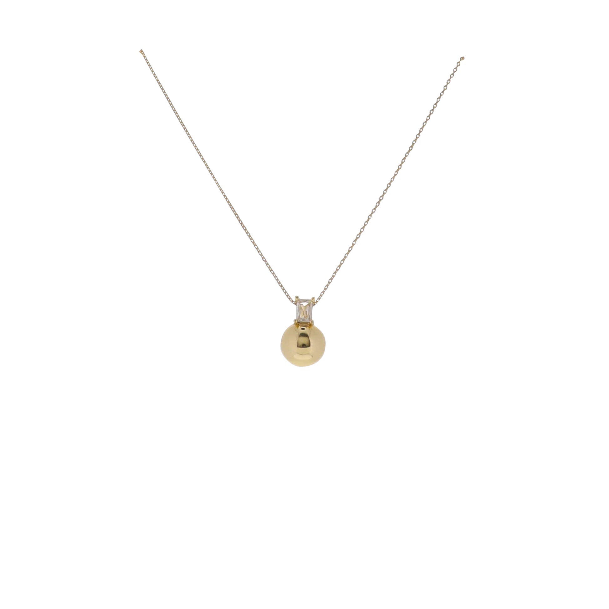 17" 18K Gold Plated Paperclip Chain Necklace with Clear Crystal Rectangle on Hollow Ball Pendant