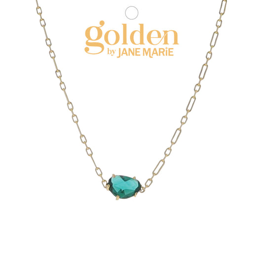 16" 18K Gold Plated Link Paperclip Chain Necklace with "May" Emeralad Stone Pendant