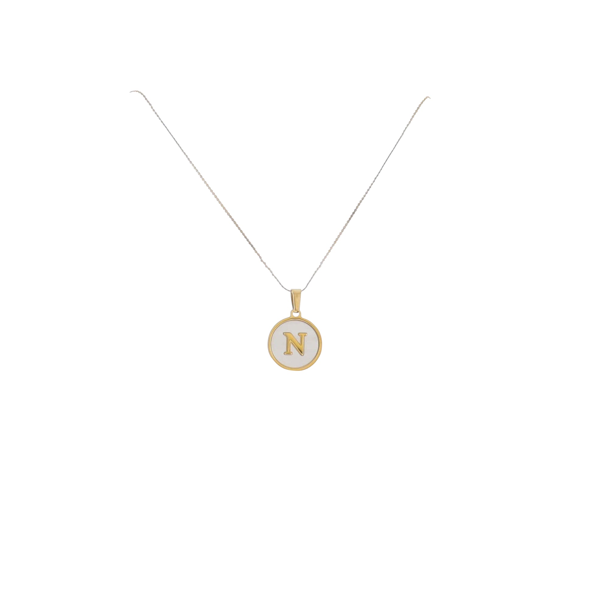 15" 18K Gold Plated Fine Rope Chain Necklace with Initial "N" Pearl Circle