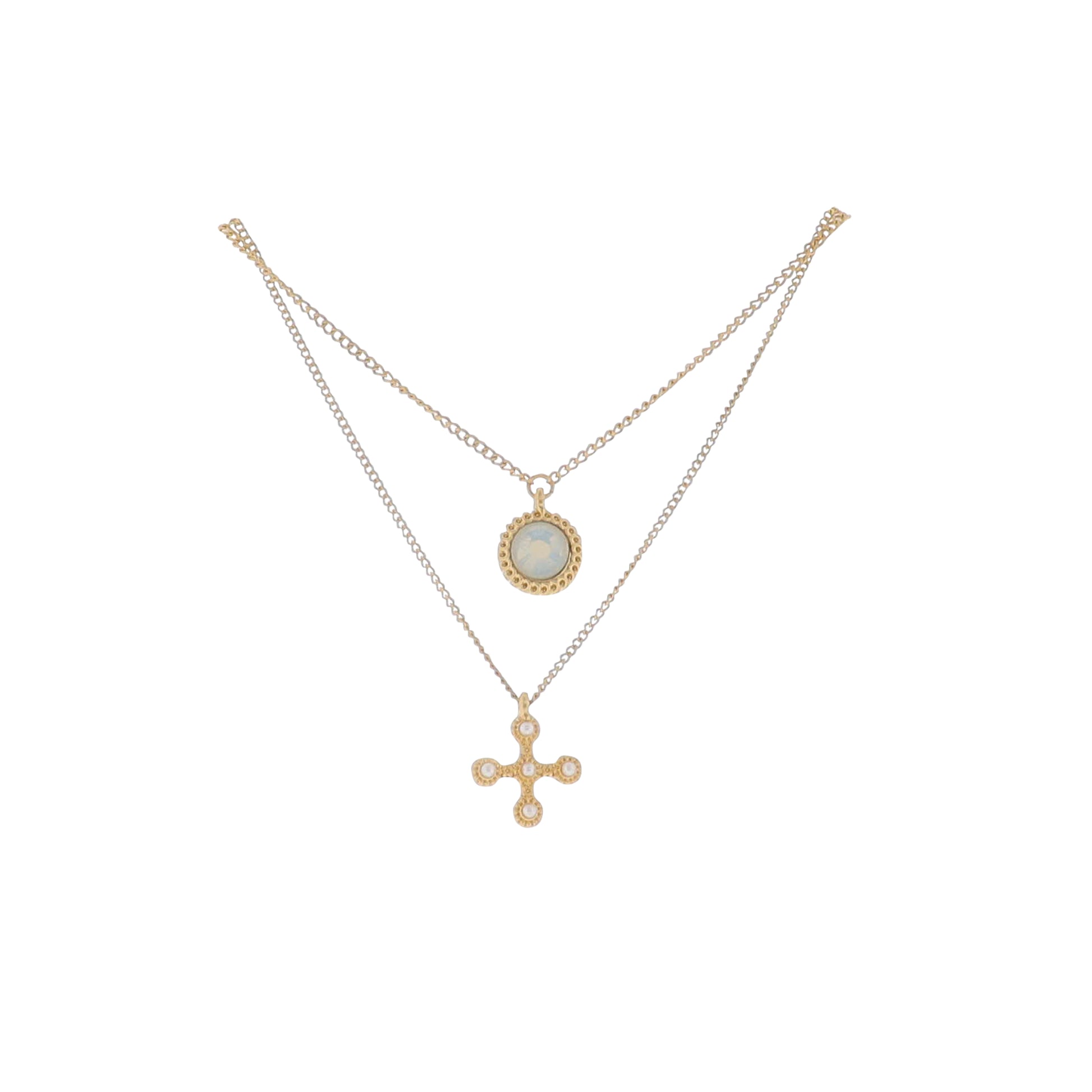 16" Gold Curb Chain 2 Layer, Opal Circle Charm Necklace with Pearl Cross