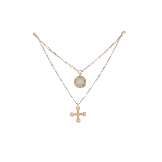 16" Gold Curb Chain 2 Layer, Opal Circle Charm Necklace with Pearl Cross