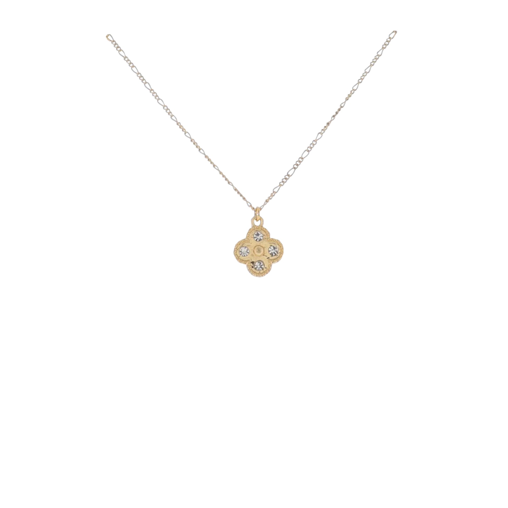 16" Gold Figaro Chain Necklace with Clear Crystal Quatrefoil