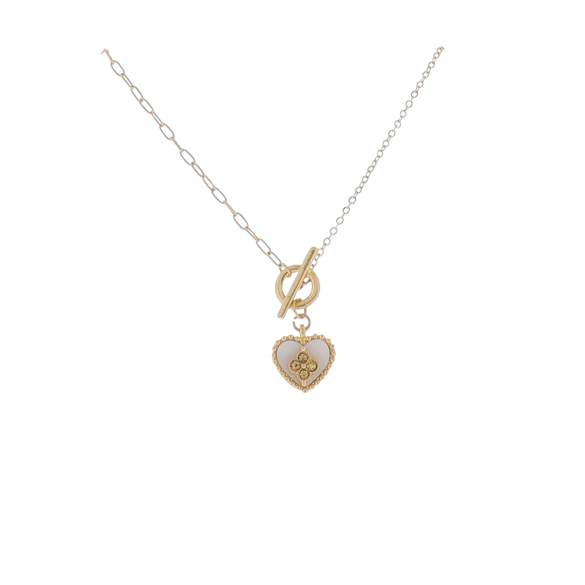 16" Gold Paperclip& Trace Chain Necklace with Shell Heart