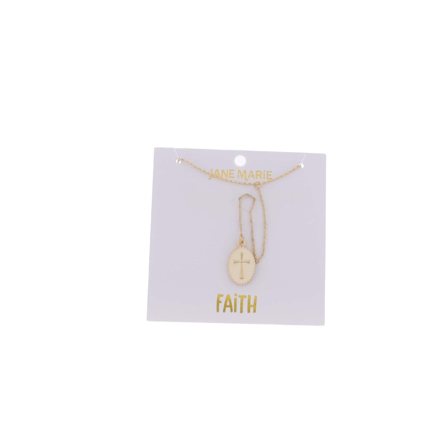 16" Gold Trace Chain Lariat Necklace with White Enamel Oval with Cross