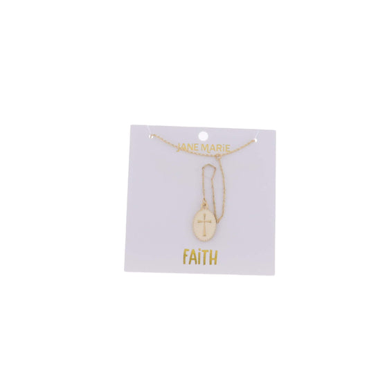 16" Gold Trace Chain Lariat Necklace with White Enamel Oval with Cross